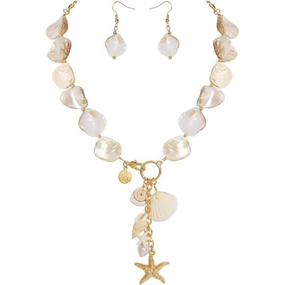 Boho Seashell and Pearl Beaded Necklace and Earrings Set – Beach Charm Jewelry - Picture 1 of 7